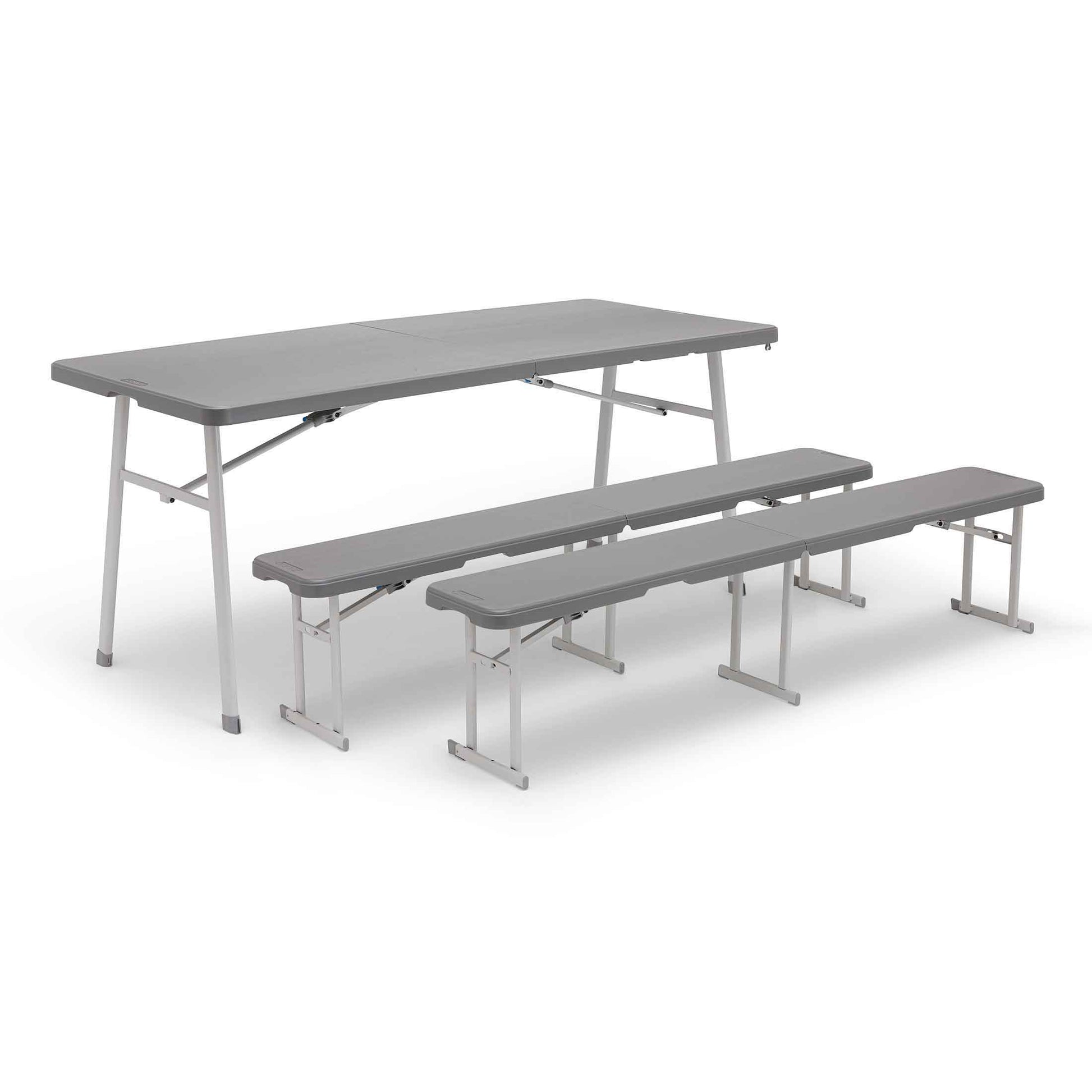 Angled view of CORE folding picnic table with two benches for camping or backyard use.