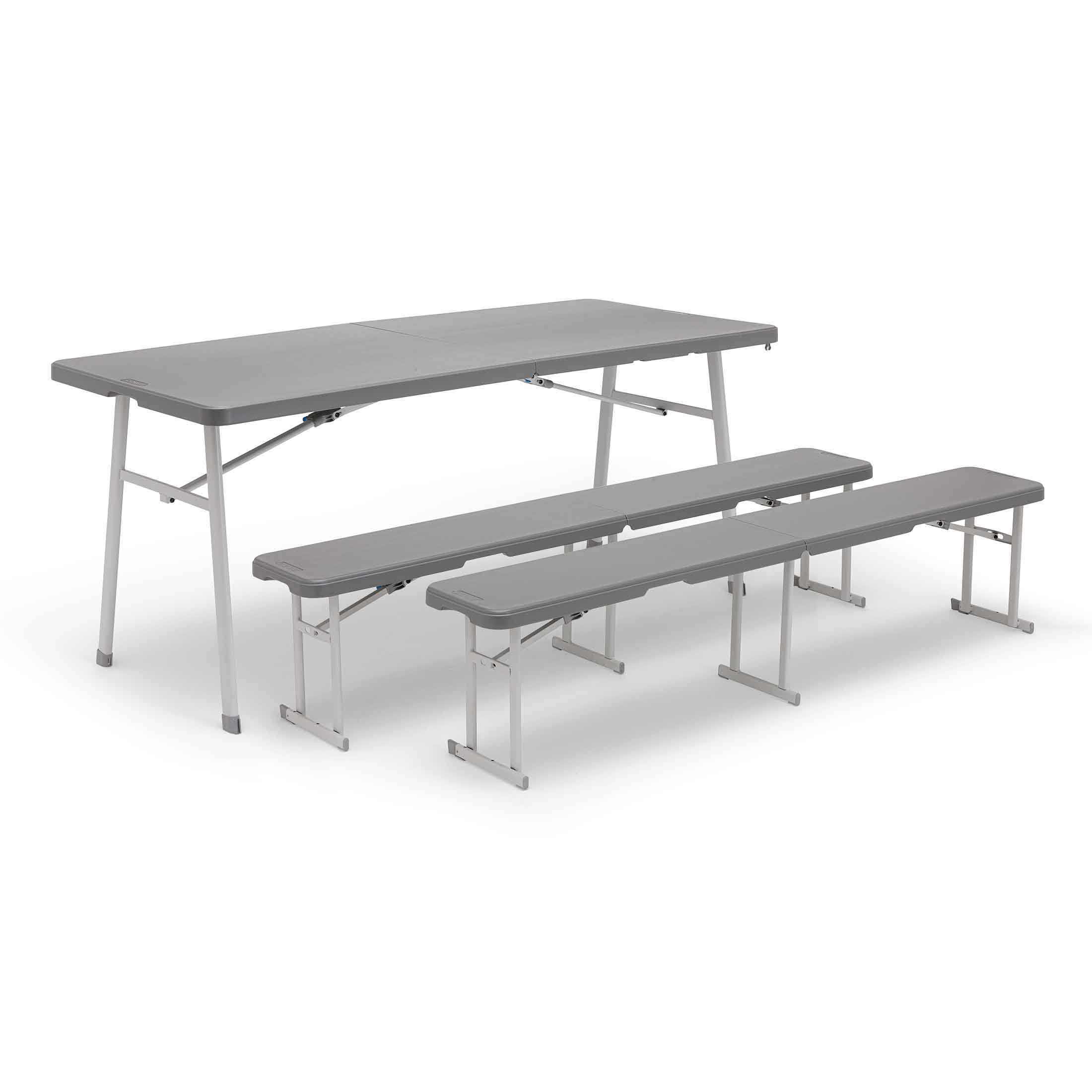 Angled view of CORE folding picnic table with two benches for camping or backyard use.